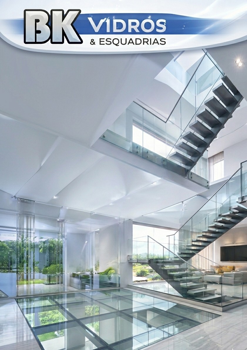 Interior de luxo com escada de vidro e guarda-corpo frameless